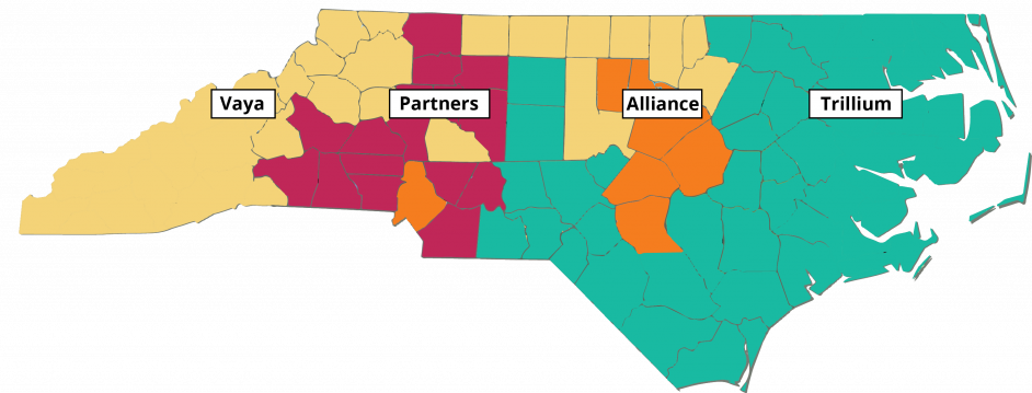 Map of North Carolina, color coded to show the 4 MCO's.